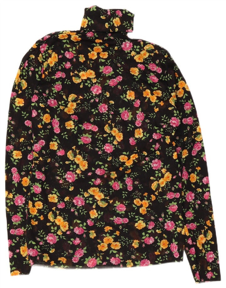 Blusa feminina vintage de manga comprida UK 10 pequena floral preta