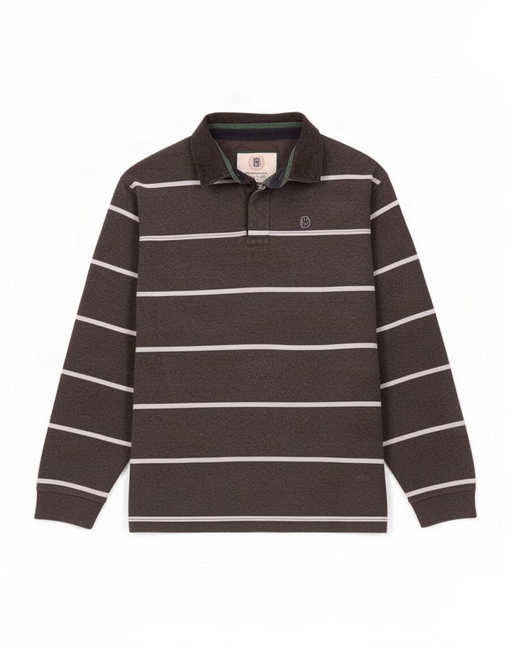 Camisa polo masculina de rugby Blue Harbor da Marks & Spencer listrada cinza médio