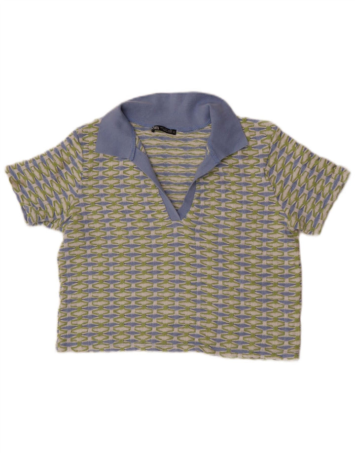 Camisa polo feminina Zara Reino Unido 10 poliéster geométrico verde pequeno