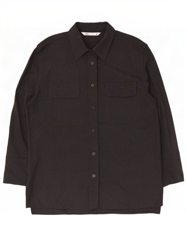 Vestido camisa feminino Zara com ajuste relaxado e manga comprida Reino Unido 10 pequeno poliéster cinza