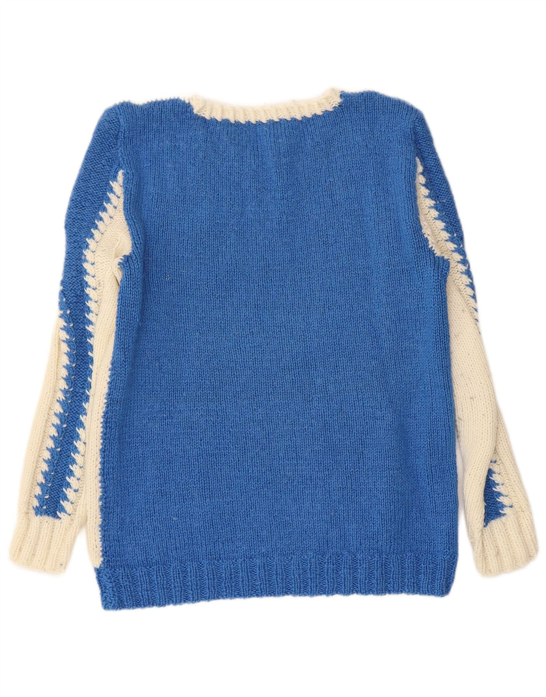 Suéter feminino VINTAGE com decote em V UK 10 pequeno bloco colorido azul