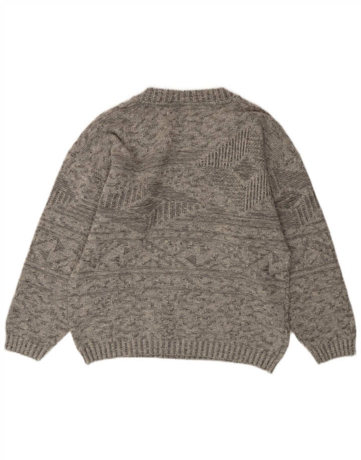 CLAUDE DE PIERRE Suéter feminino com decote em V IT 50 XL lã geométrica cinza