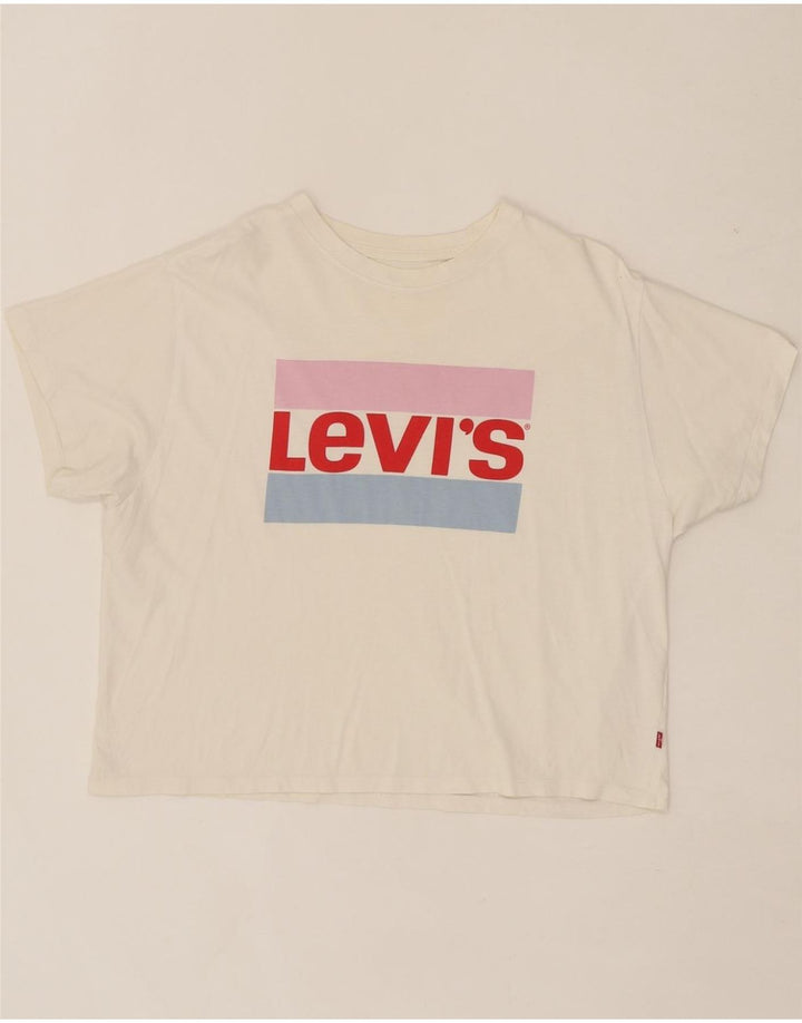 LEVI'S Womens Oversized Crop Graphic T-Shirt Top UK 14 Medium Off White Vintage Levi's and Second-Hand Levi's from Messina Hembry 