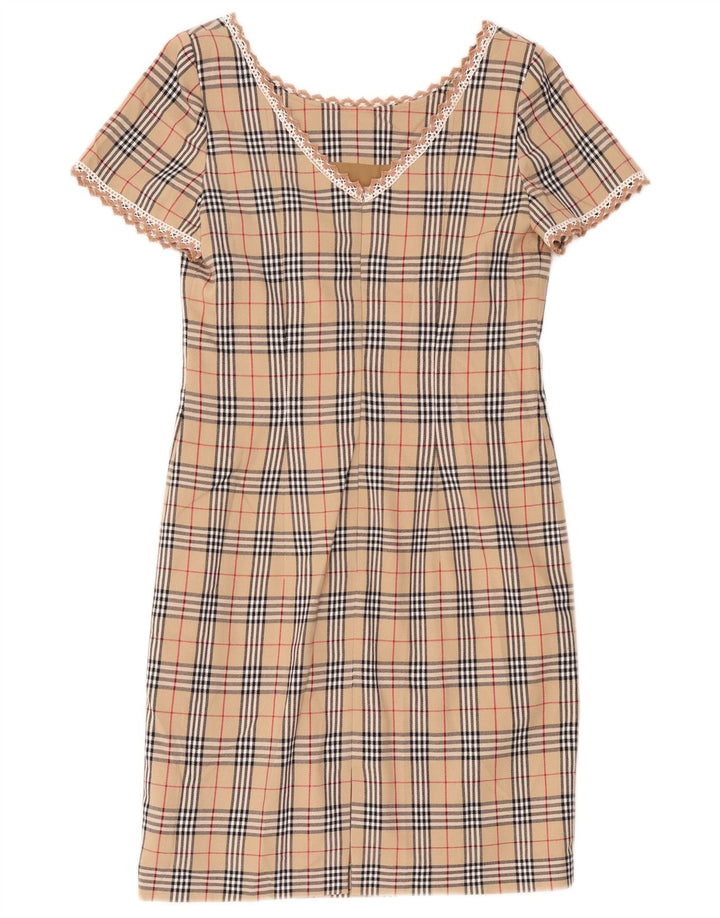 Vestido bainha feminino vintage Reino Unido 12 xadrez bege médio
