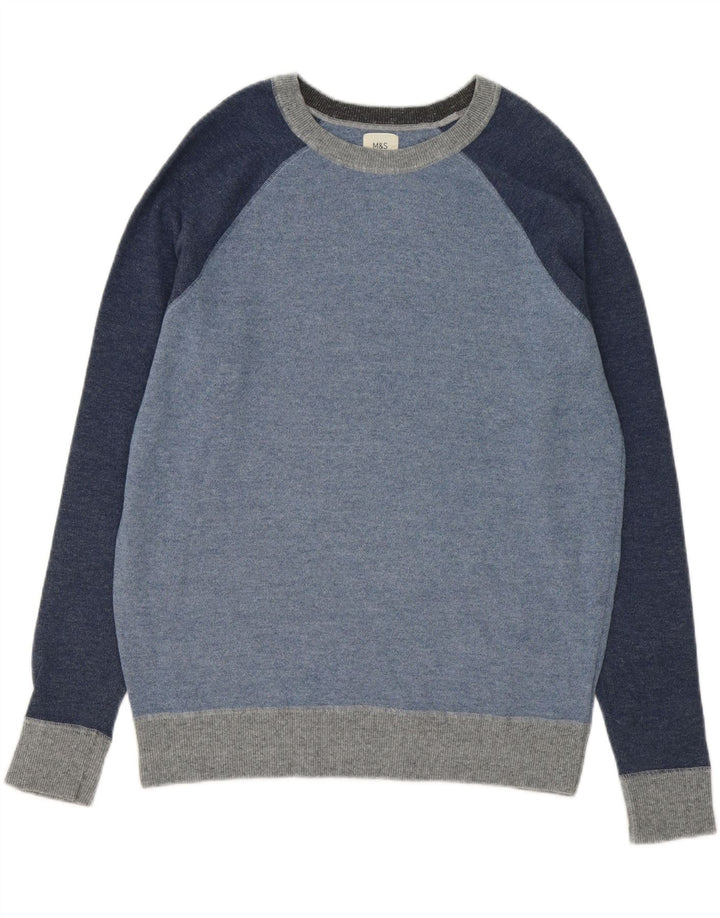 MARKS & SPENCER Mens Boat Neck Jumper Sweater Large Blue Colourblock Vintage Marks & Spencer and Second-Hand Marks & Spencer from Messina Hembry 