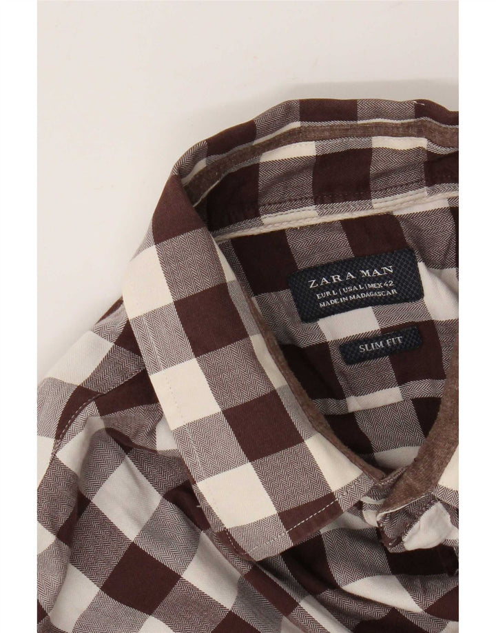 Zara Camisa masculina Slim Fit grande marrom guingão