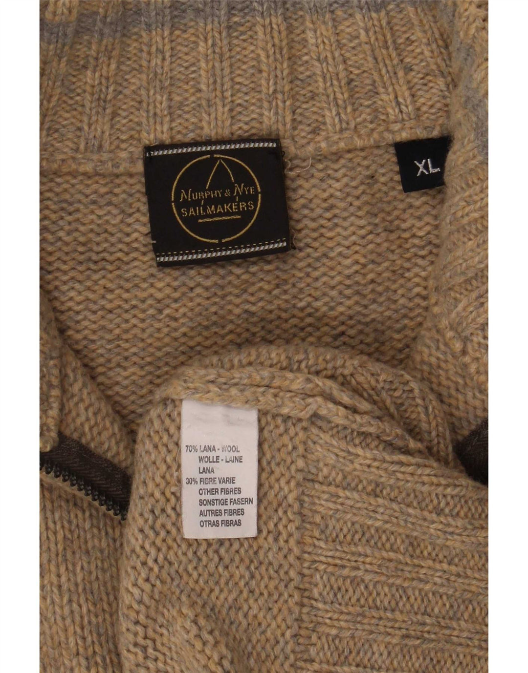 Suéter masculino Murphy & Nye com zíper e gola XL de lã manchada bege