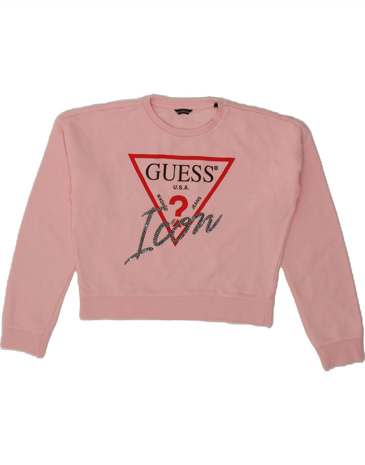 GUESS Girls Crop Graphic Sweatshirt Jumper 13-14 Years Pink Cotton Vintage Guess and Second-Hand Guess from Messina Hembry 