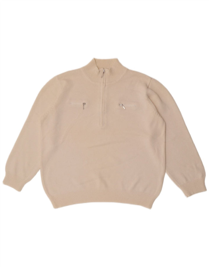 Suéter feminino vintage com decote em zíper UK 14 grande branco