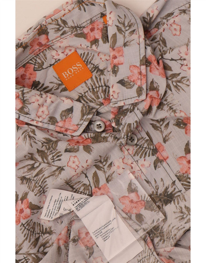 Camisa masculina de manga curta Hugo Boss algodão floral azul médio