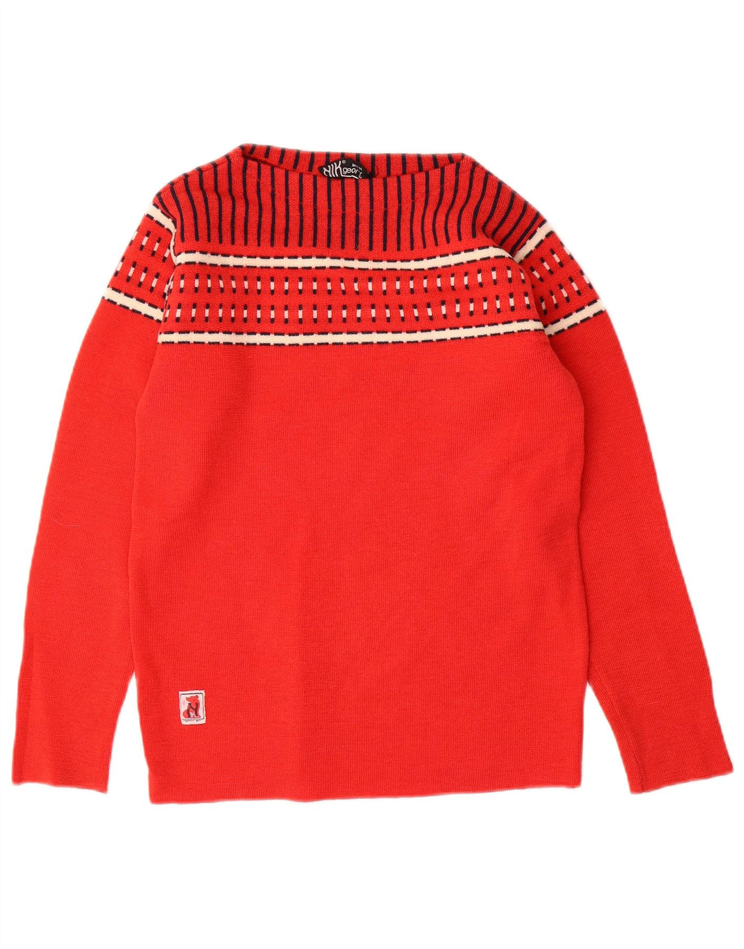 Suéter feminino vintage com pescoço de barco Reino Unido 10 pequeno geométrico vermelho