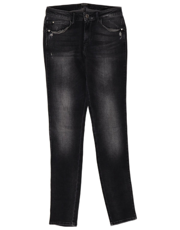 Guess Calça jeans feminina curva envelhecida W28 L30 algodão preto
