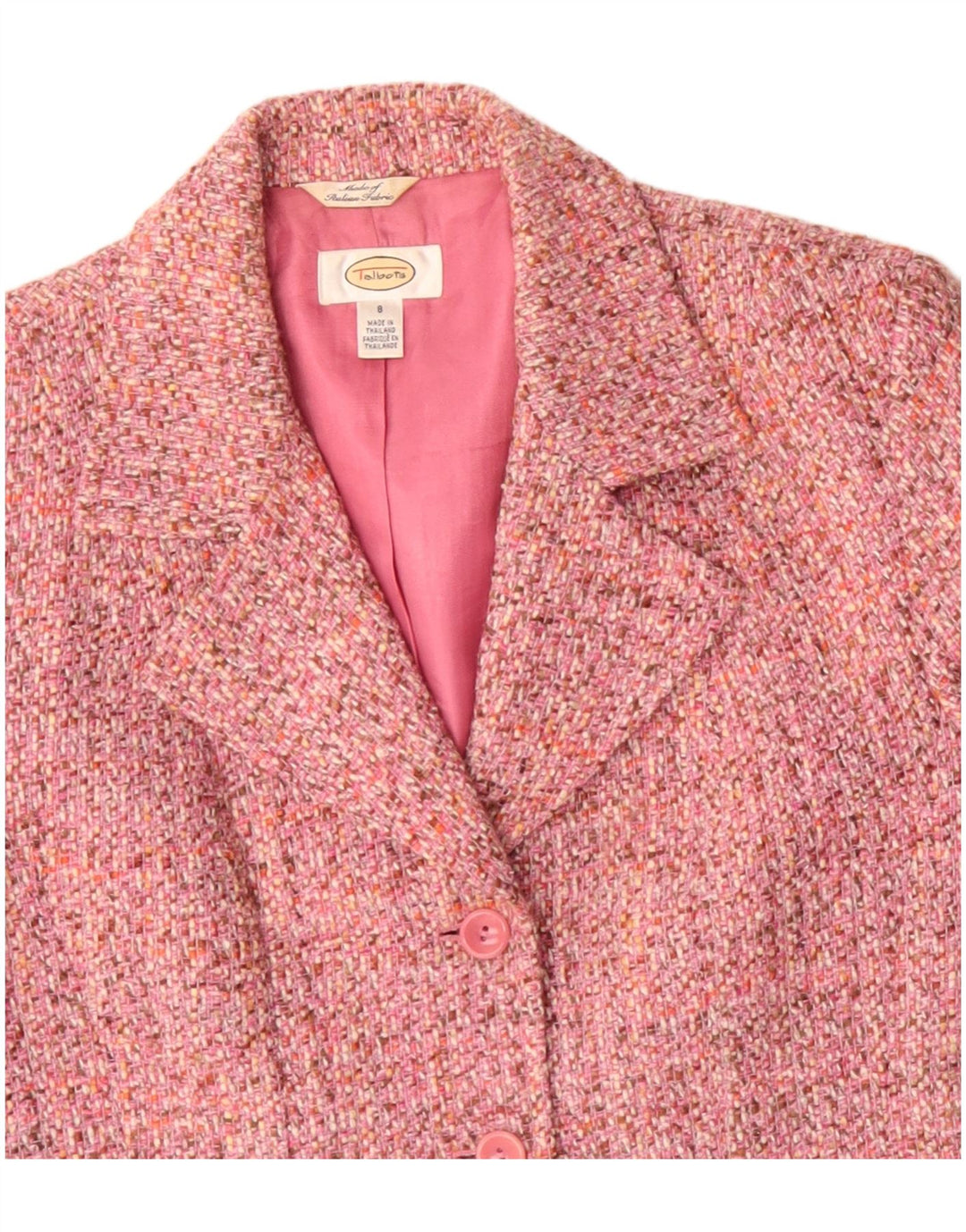 Jaqueta blazer feminina de 3 botões TALBOTS US 8 acrílico manchado rosa médio
