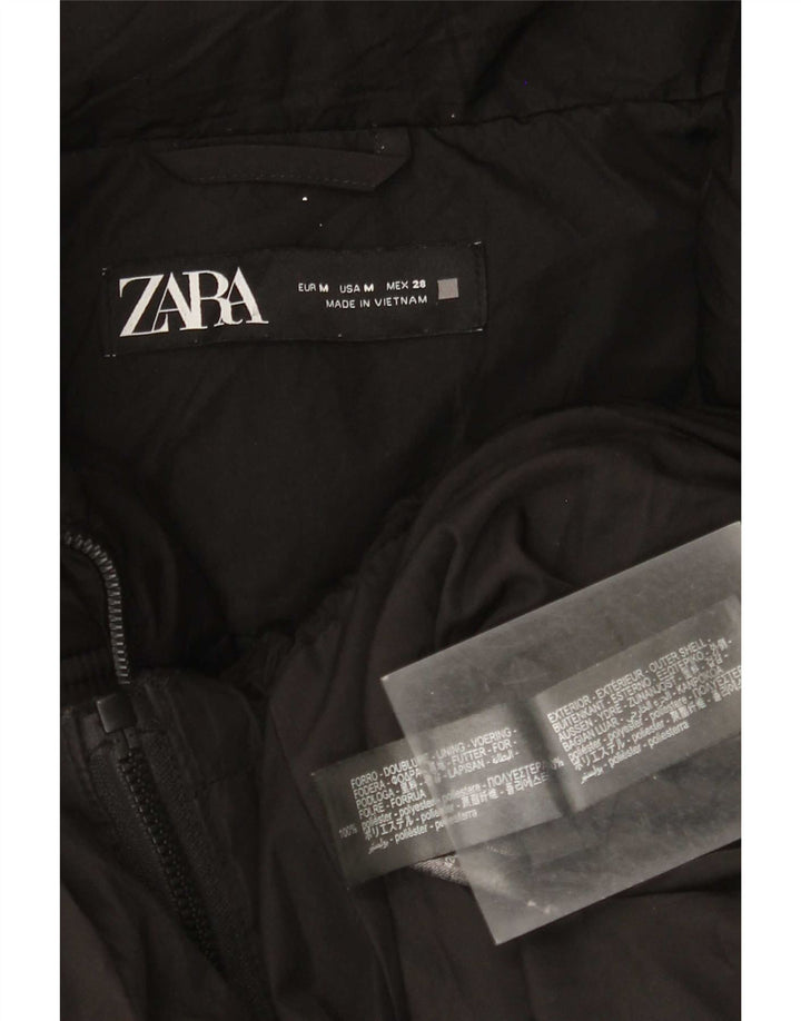 Jaqueta acolchoada com capuz grande Zara para mulher UK 14 poliéster preto médio