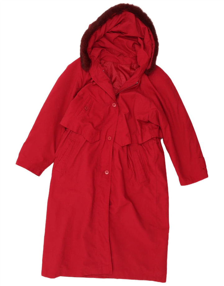 Trench Coat com capuz feminino vintage UK 14 grande poliéster vermelho