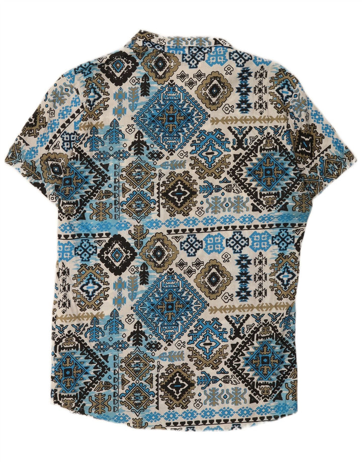 Camisa masculina vintage de manga curta grande azul Ikat Rayon