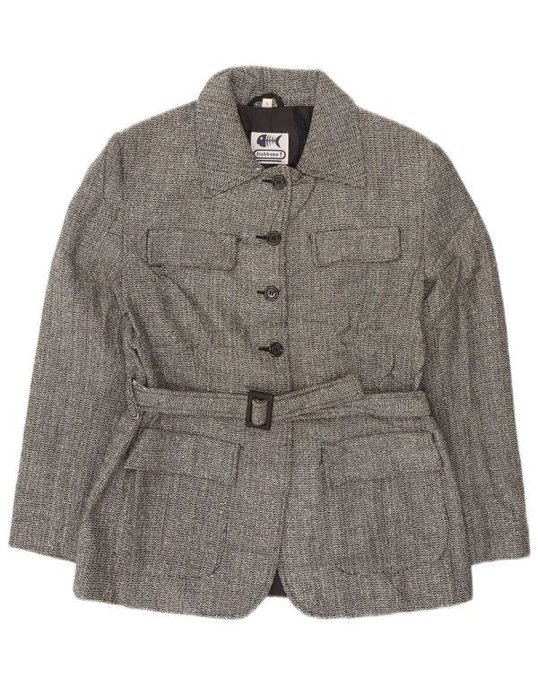 Sobretudo feminino Fishbone UK 14 grande acrílico espinha de peixe preto