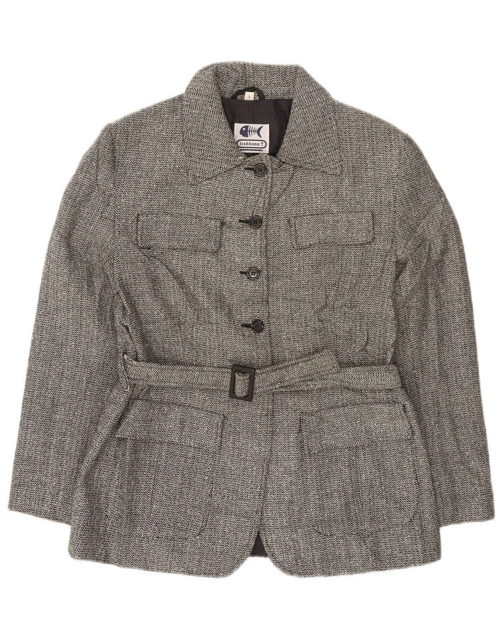 Sobretudo feminino Fishbone UK 14 grande acrílico espinha de peixe preto