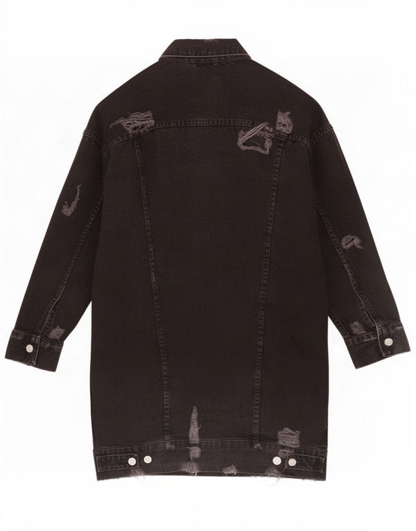 Casaco jeans feminino Zara Trafaluc desgastado Reino Unido 10 pequeno algodão preto