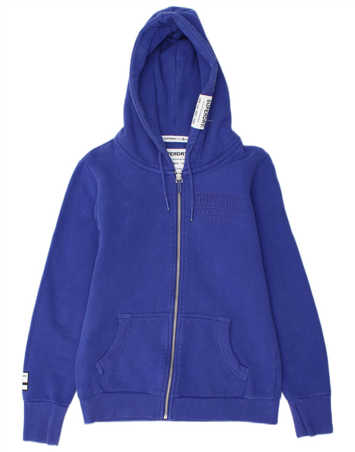 Suéter feminino Superdry com capuz e zíper gráfico UK 12 algodão azul médio