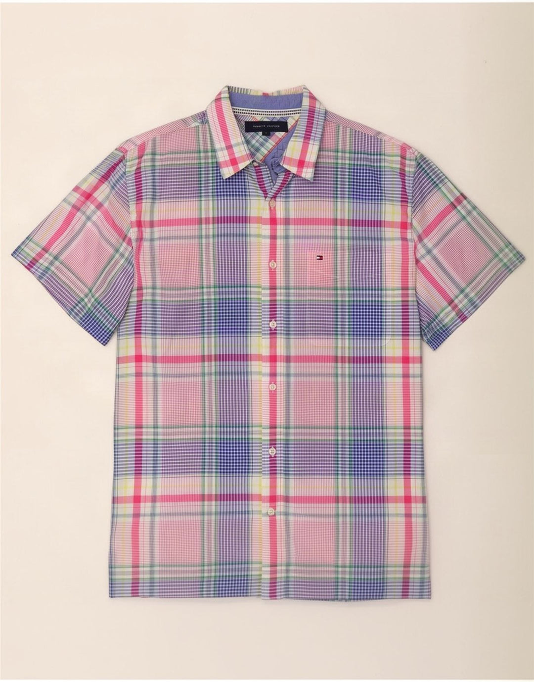 Camisa masculina de manga curta Tommy Hilfiger grande algodão xadrez multicolorido
