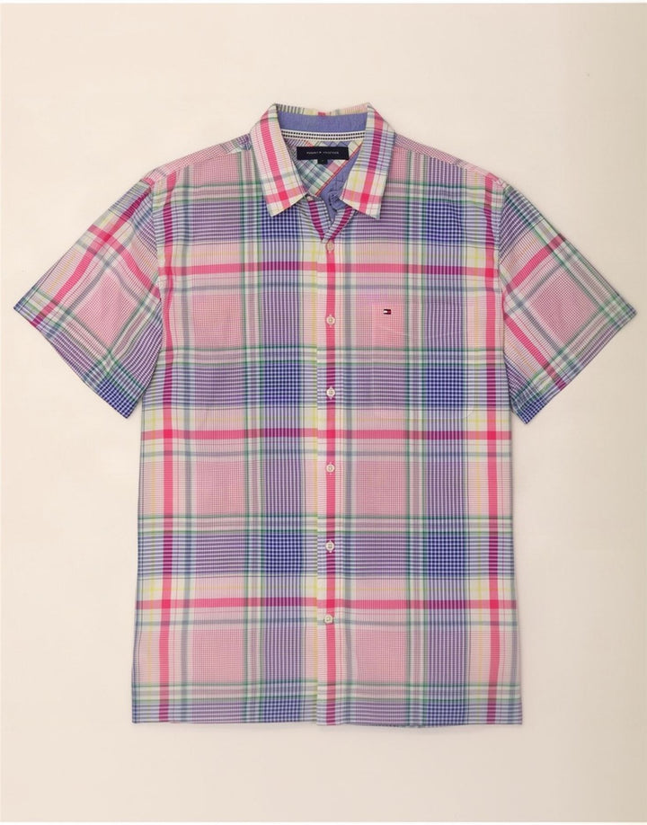Camisa masculina de manga curta Tommy Hilfiger grande algodão xadrez multicolorido