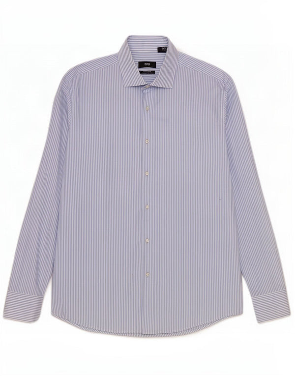 Camisa masculina de ajuste regular Hugo Boss tamanho 44 17 1/2 XL algodão listrado azul