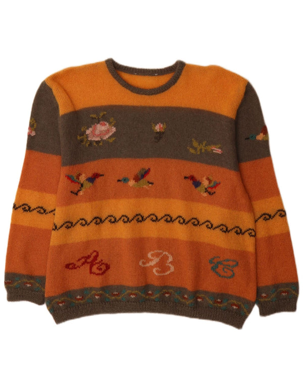 Suéter feminino vintage com gola redonda UK 18 XL laranja colorblock novidade