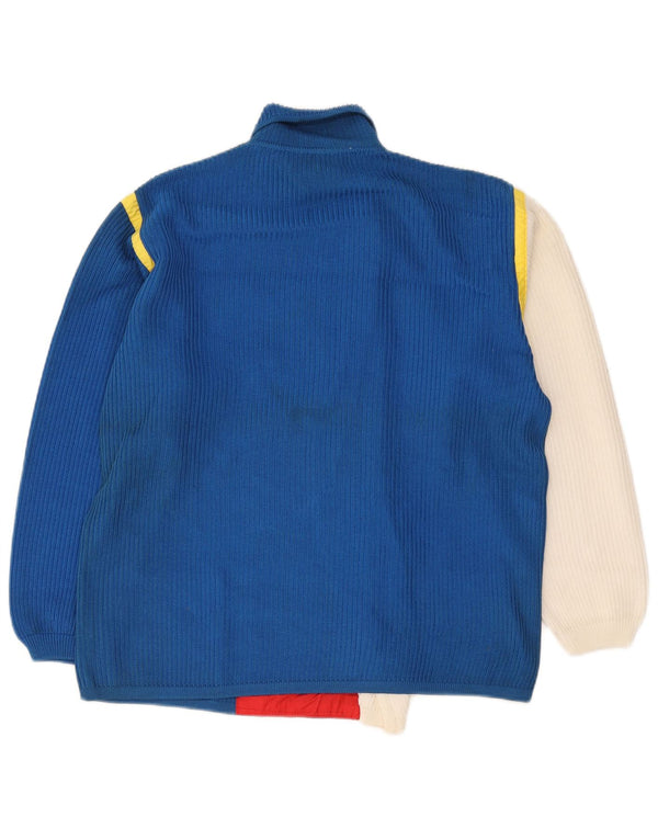 Suéter cardigã masculino vintage grande algodão colorblock azul