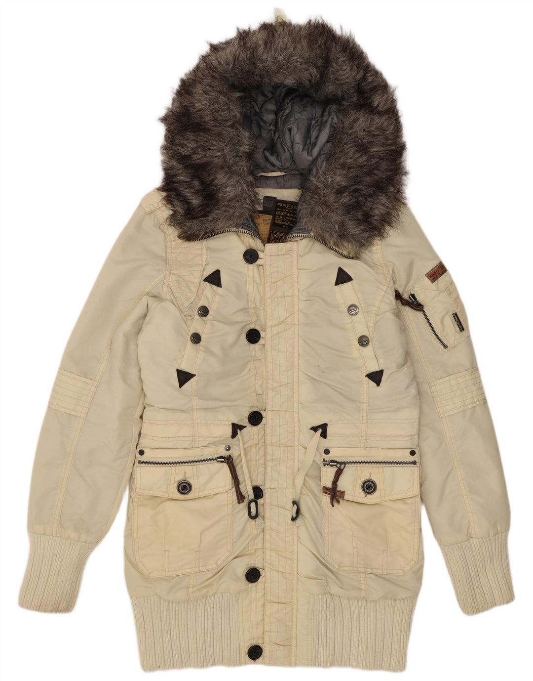 Jaqueta parka feminina com capuz KHUJO Reino Unido 16 grande off white nylon