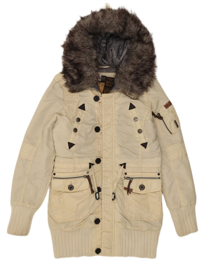 Jaqueta parka feminina com capuz KHUJO Reino Unido 16 grande off white nylon