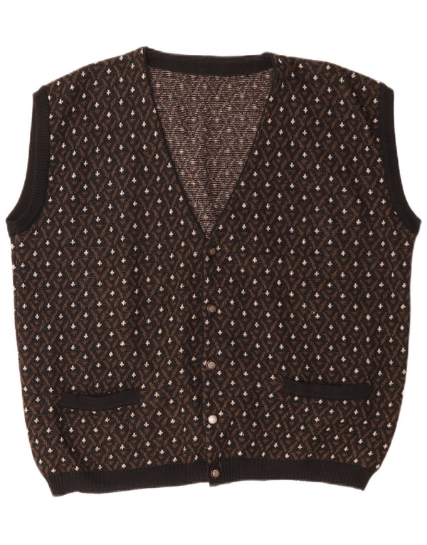 Vintage Mens Sleeveless Cardigan Sweater XL Brown Geometric Wool