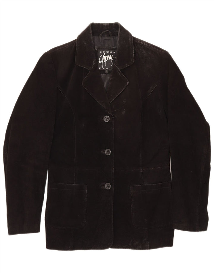 Jaqueta blazer feminina de camurça com 3 botões GYPSY Reino Unido 14 couro preto médio