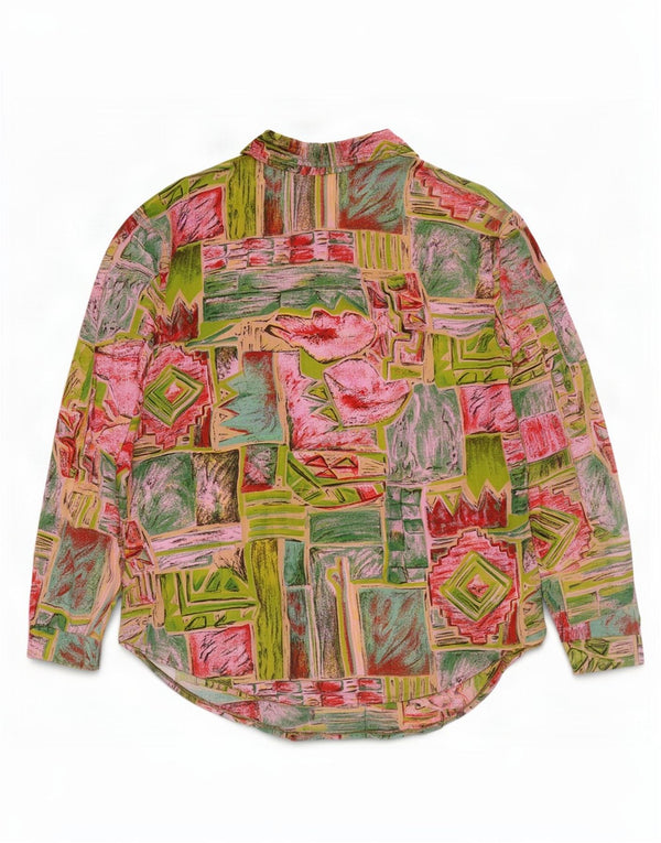 Camisa feminina vintage UK 16 grande geométrica multicolorida