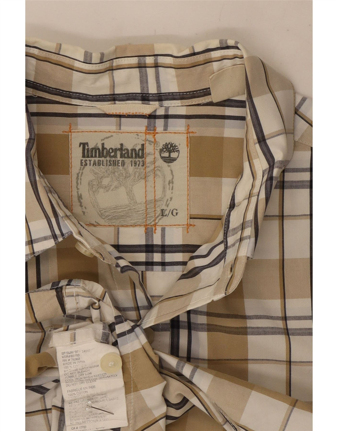 Camisa masculina de manga curta Timberland grande algodão xadrez bege