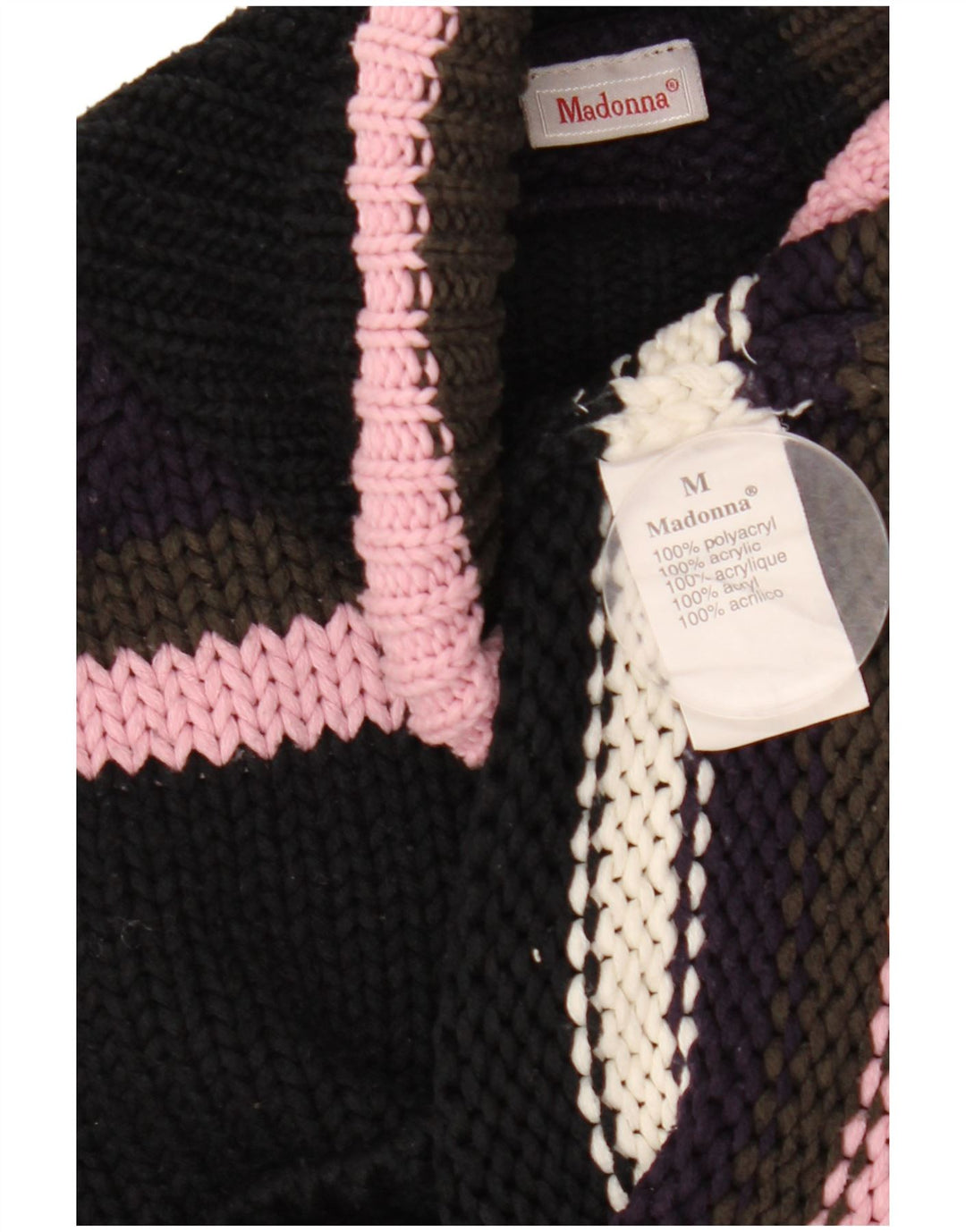 Suéter feminino Madonna com gola redonda e acrílico listrado preto médio Reino Unido 12