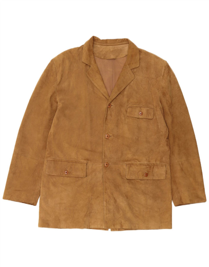 Jaqueta blazer masculina VINTAGE de camurça com 3 botões Reino Unido 40 couro bege grande