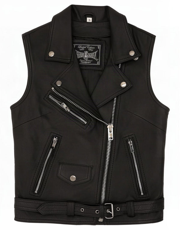 Vintage Womens Biker Leather Gilet UK 8 Pequeno Preto