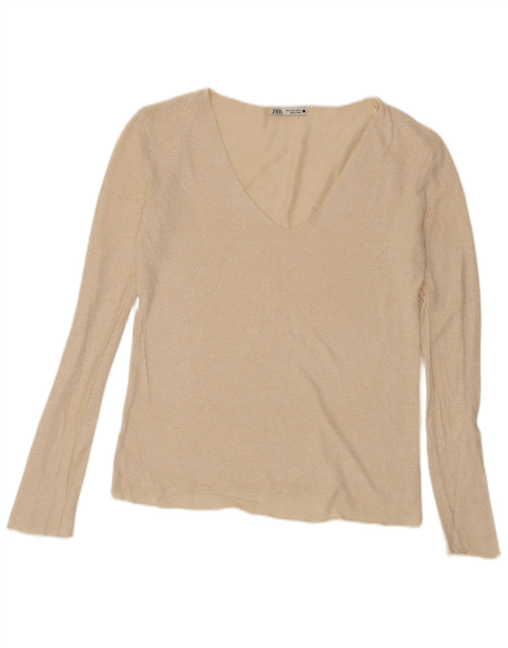 Top feminino Zara manga comprida UK 14 médio bege