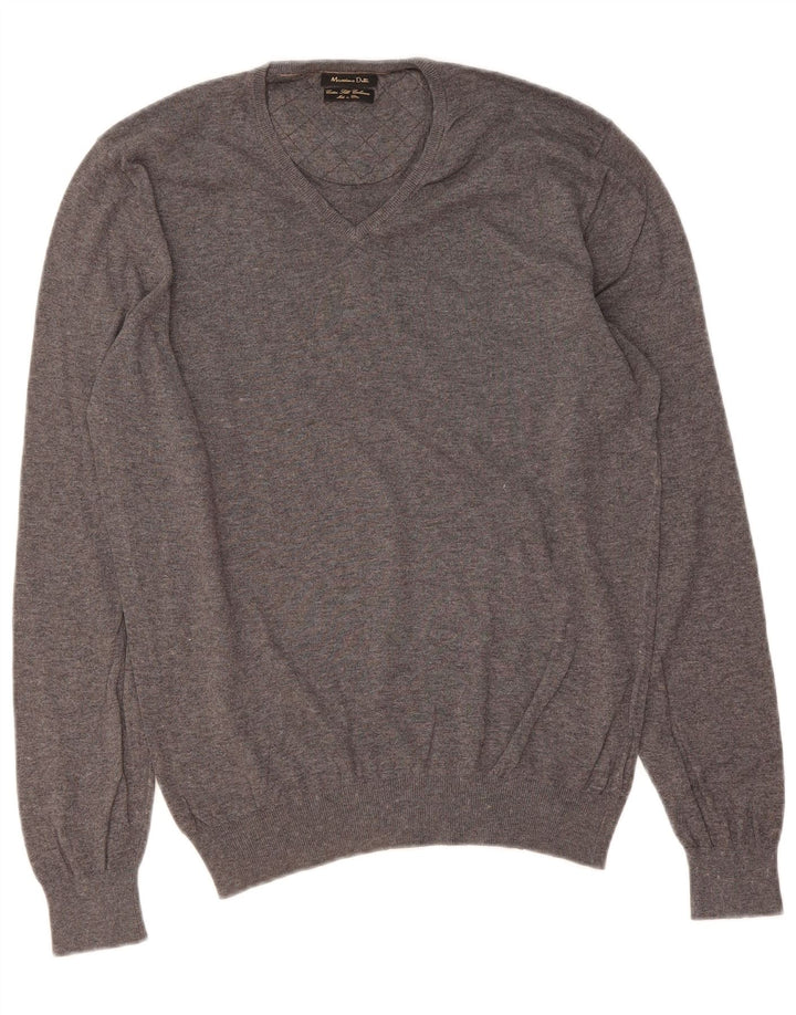Suéter masculino MASSIMO DUTTI com decote em V de algodão cinza médio