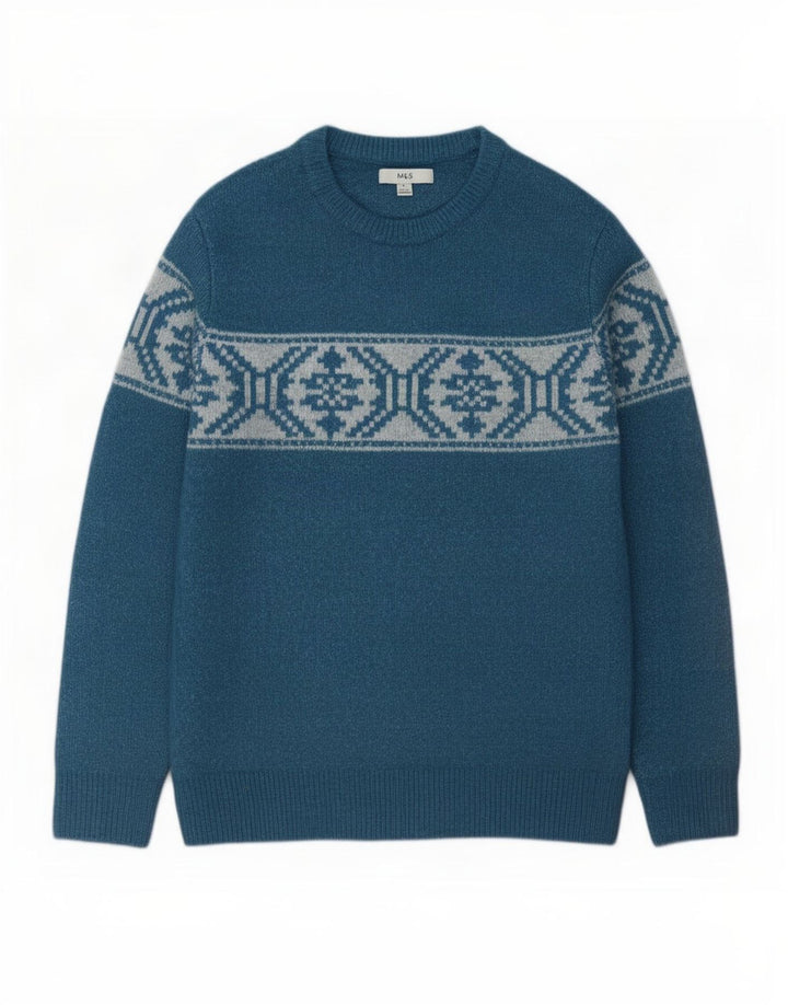 Suéter masculino Marks & Spencer com gola canoa médio azul Fair Isle acrílico