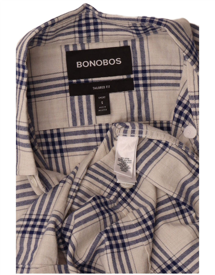 BONOBOS Camisa masculina de flanela sob medida, pequena, branca, xadrez, algodão