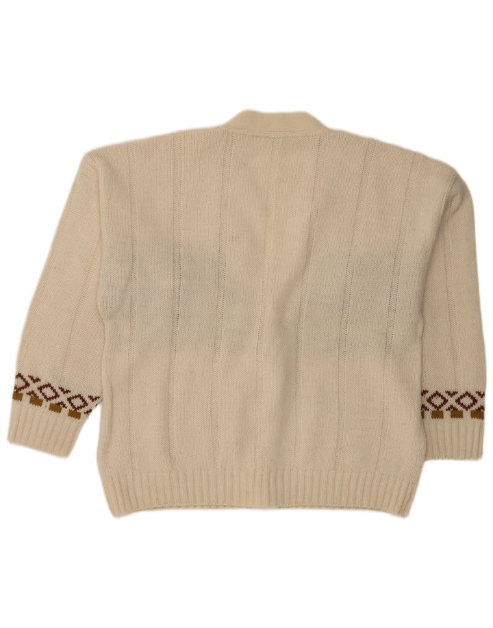 Suéter cardigã masculino vintage médio branco Fair Isle