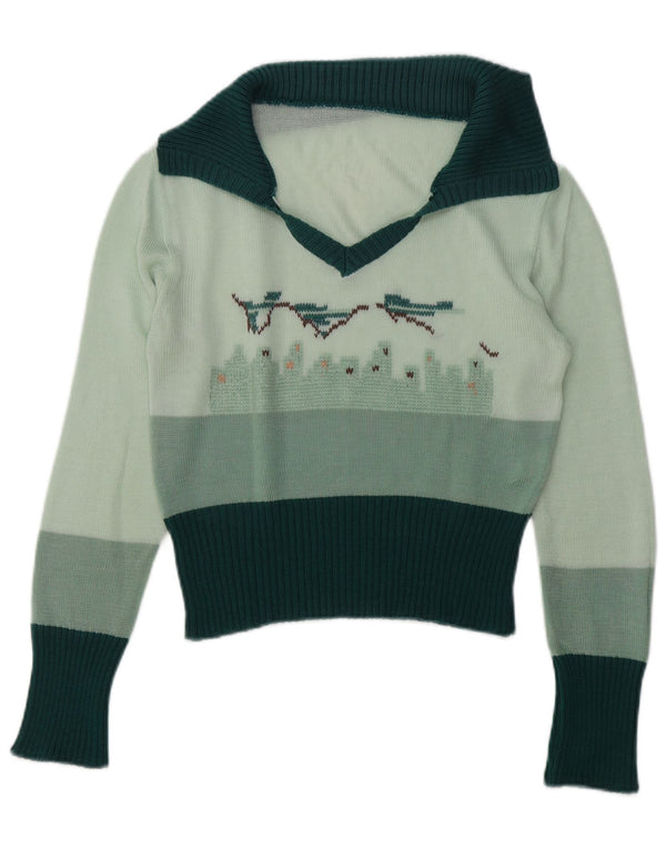 Suéter feminino vintage com gola polo gráfica Reino Unido 14 verde médio