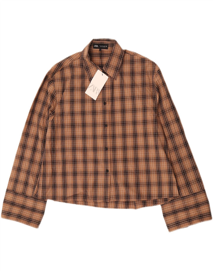 Camisa oversized feminina Zara Reino Unido 10 pequeno algodão xadrez marrom