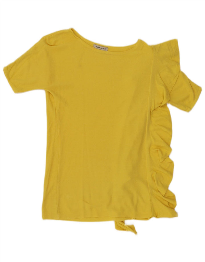 Blusa feminina Laura Ashley com babados na frente Reino Unido 10 pequeno rayon amarelo