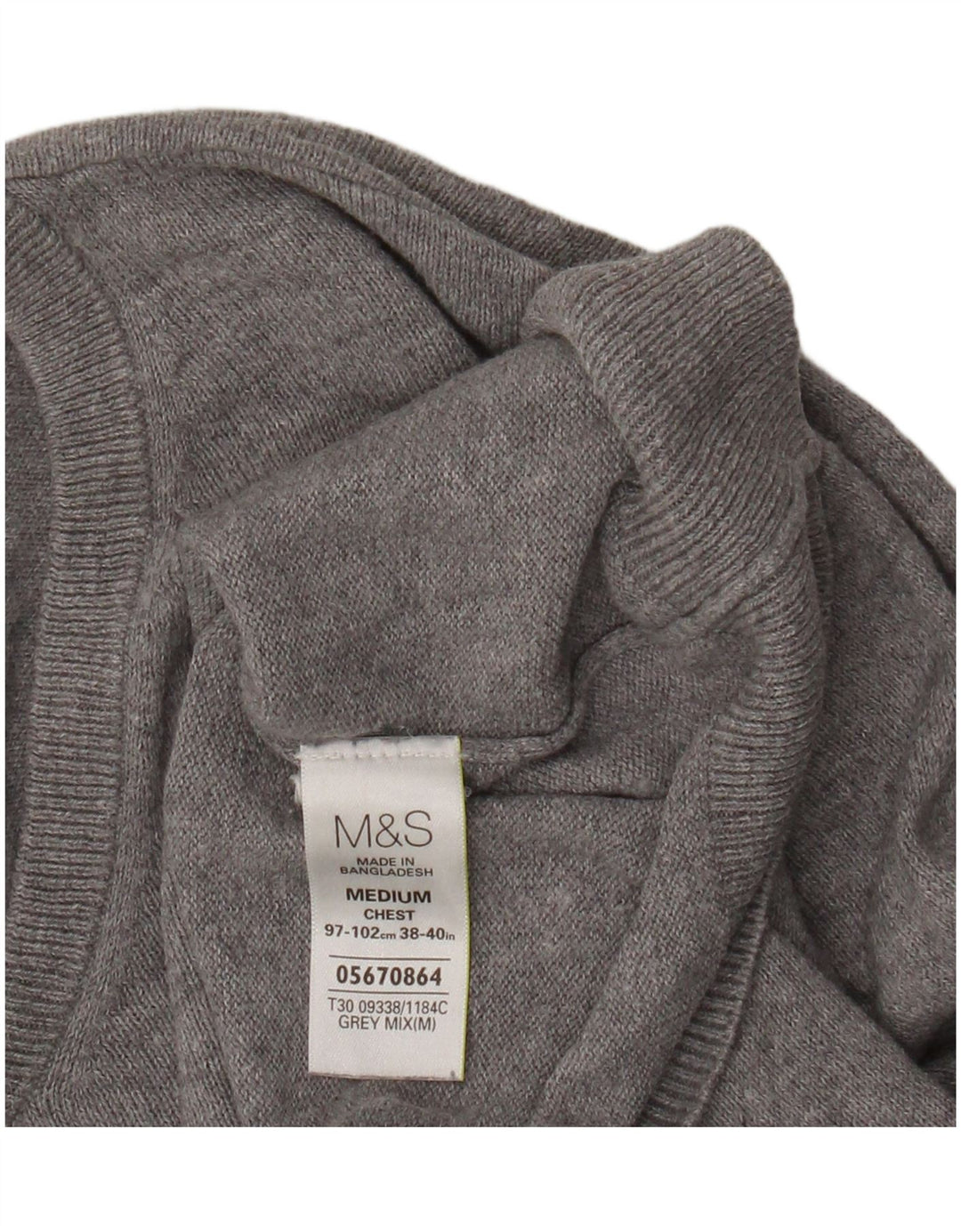 Suéter masculino Marks & Spencer com decote em V, algodão cinza médio