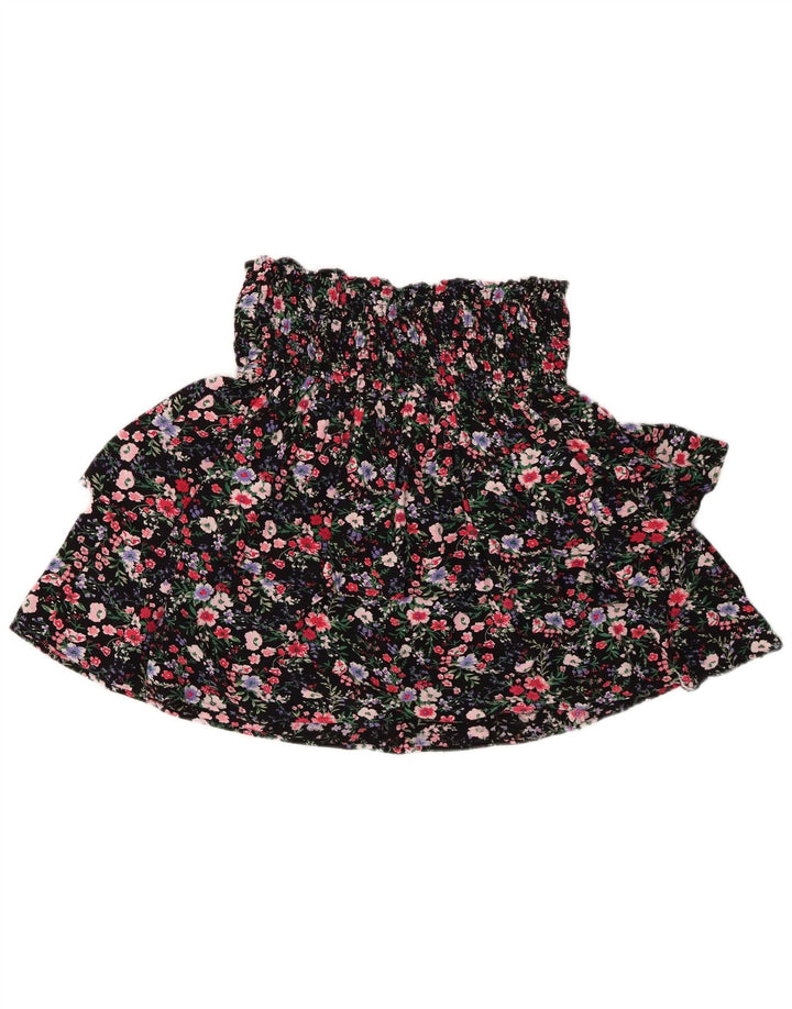 Saia feminina com babados JOE BROWNS Reino Unido 12 médio W30 viscose floral preta