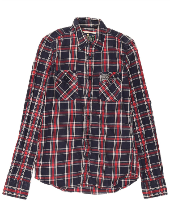 Camisa masculina de flanela Superdry pequena algodão xadrez azul marinho