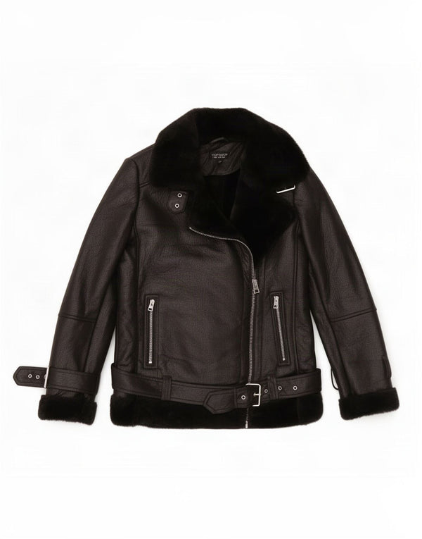 Jaqueta feminina de couro sintético Sherpa grande para motociclista Topshop Reino Unido 8 pequena preta